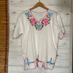 Vintage Mexicana Peasant Top White Floral  Embroidered Hippie Large